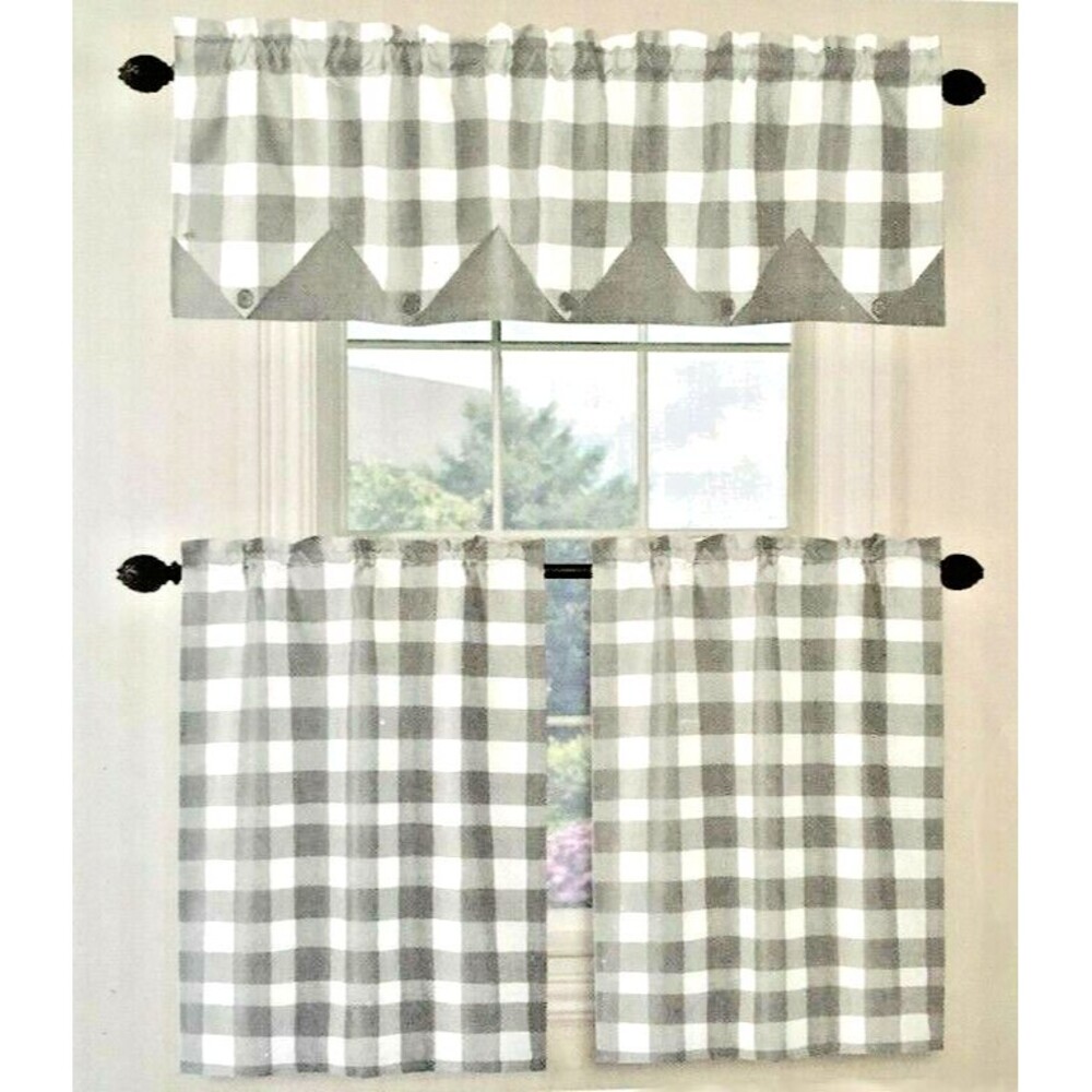 Nantucket Star Point Valance Tier Curtain Set Country Button Buffalo Check Gray
